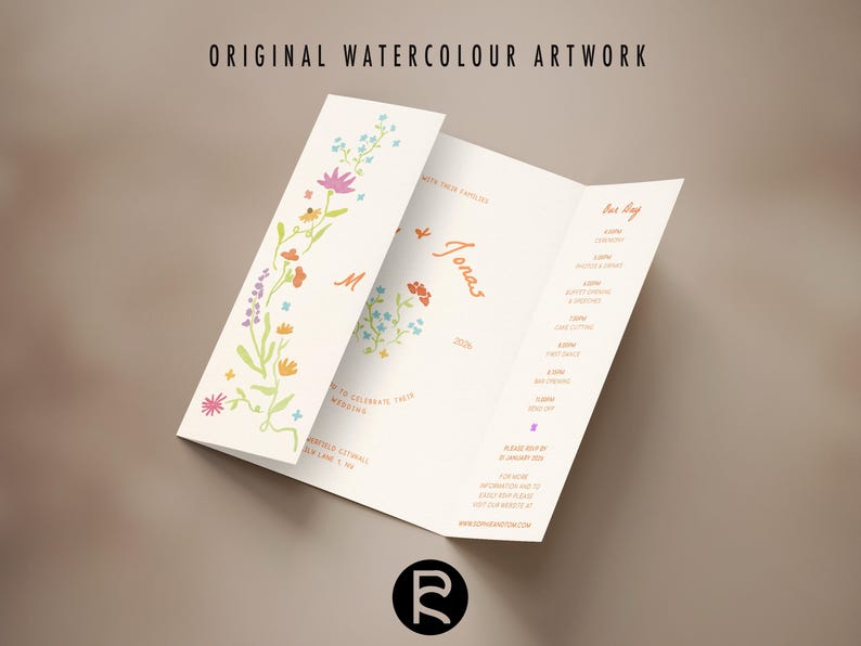 Gatefold Wedding Invitation Template | Colorful Watercolor Wildflowers ...