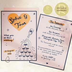 Wedding Invitation Template | Customizable | Optional Details RSVP Page | Hand Drawn Illustrations | Funky, Colorful, Retro | No. 100