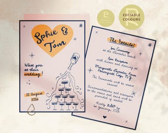 Wedding Invitation Template | Customizable | Optional Details RSVP Page | Hand Drawn Illustrations | Funky, Colorful, Retro | No. 100