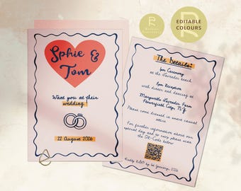 Wedding Invitation Template | Customizable | Optional Details RSVP Page | Hand Drawn Illustrations | Funky, Colorful, Retro | QR Code | 101