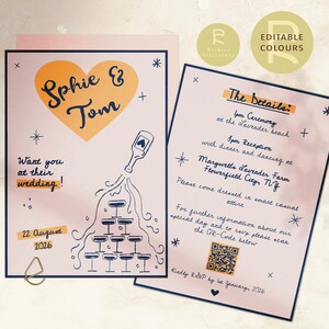 Wedding Invitation Template | Customizable | Optional Details RSVP Page | Hand Drawn Illustrations | Funky, Colorful, Retro | QR Code | 100