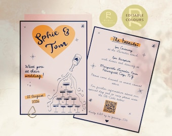 Wedding Invitation Template | Customizable | Optional Details RSVP Page | Hand Drawn Illustrations | Funky, Colorful, Retro | QR Code | 100