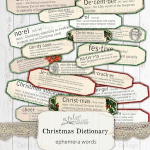 Digitales Weihnachten Wörterbuch Ephemera Wörter, Junk Journal Druckbare Ephemera, Definition Printables, Vintage Urlaub, Digitales Papier
