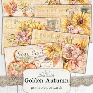 Printable Autumn Postcards, Vintage Junk Journal Ephemera Pack, Digital Stationery Bullet Journal, Pumpkin Fall Scrapbook Paper, Boho Autumn
