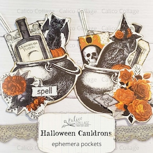 Bolsillos de caldero de Halloween imprimibles, suministros de diario basura, papel digital de álbum de recortes, efímera gótica, Halloween vintage, bolsillo cargado