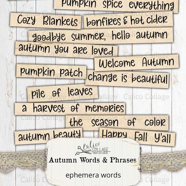 Junk Journal Printable Autumn Ephemera Words, Vintage Digital Download Paper Prints, Fall Bullet Journal Stationary, Scrapbook Ephemera