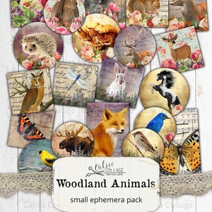 Digital Collage Sheet Ephemera Pack, Woodland Animals, Pendant Images, Domino Collage Sheet, Butterfly, Horse, Deer, Rabbit, Fox, Dragonfly