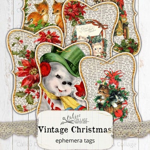 Giornale spazzatura stampabile Natale Ephemera, Carta digitale Tag per le vacanze, Pacchetto Ephemera, Album di ritagli vintage, Ephemera delle vacanze vittoriane