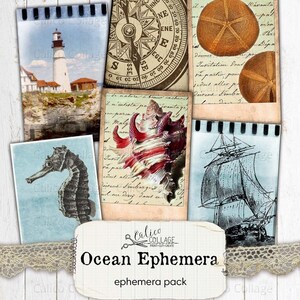 Pode incluir: Uma folha de colagem digital com tema oceânico. A folha inclui imagens de um farol, uma bússola, um cavalo-marinho, uma concha, um navio e um cartão postal vintage. A folha é impressa em papel branco com um padrão de grade.