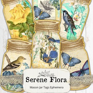Serene Flora Junk Journal Imprimible Mason Jar Etiquetas, Junk Journal Tags