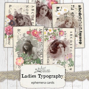 Beautiful Ladies Typography Ephemera Cards, Junk Journal Digital Download, Junk Journal Ephemera Pack, Steampunk Industrial Digital Paper