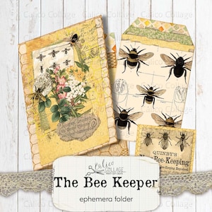 Puede incluir: Una carpeta de efemérides amarilla y marrón con el título "The Bee Keeper" y una ilustración de abeja. La carpeta tiene un patrón de panal y incluye una página de diario con el texto "A Journal Devoted to Bees Honey and Home Industries".