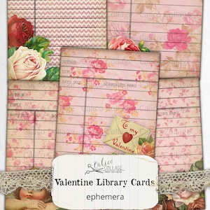 Valentine Library Cards, Valentines Love Junk Journal Ephemera Scrapbook Digital Paper, Journal Supplies, Victorian Rose Ephemera Cards