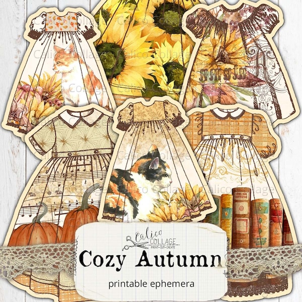 Printable Fussy Cut Autumn Dresses, Junk Journal Ephemera, Bullet Journal Supplies, Fall Ephemera, Vintage Digital Paper Prints, Cozy Autumn