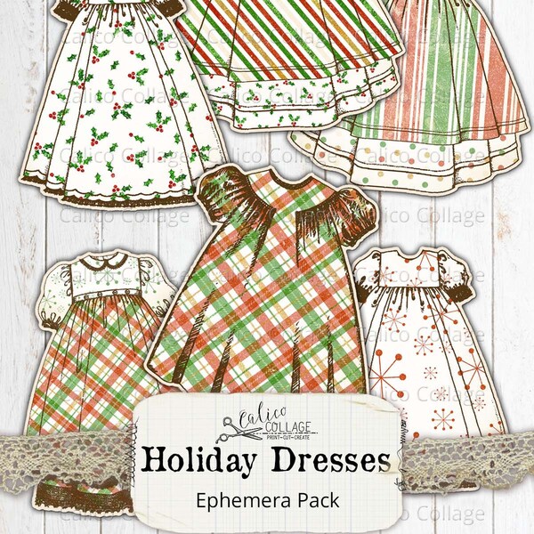 Holiday Dresses Ephemera Pack, Printable Junk Journal, Christmas Ephemera, Fussy Cut, Digital Paper, Scrapbook Ephemera Tags, CalicoCollage