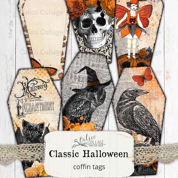 Classic Halloween Coffin Tags, Printable Junk Journal Digital Ephemera Pack, Gothic Bullet Journal Stationary, Retro Halloween Scrapbook