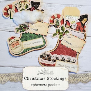 Poches de bas de Noël imprimables, fournitures de journal indésirable, papier numérique Scrapbook, éphémères de vacances, poche chargée vintage, CalicoCollage