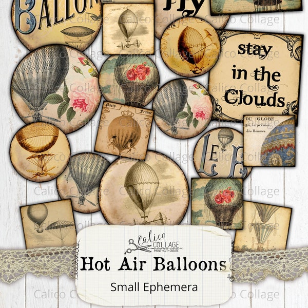 Hot Air Balloons Small Ephemera Pack, Steampunk Junk Journal Ephemera