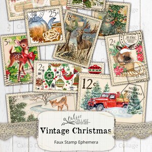Afdrukbare postzegels Kerst Ephemera, Junk Journal benodigdheden, Vintage Vakantie, Scrapbooking Papier, Kleine Digitale Ephemera Pagina