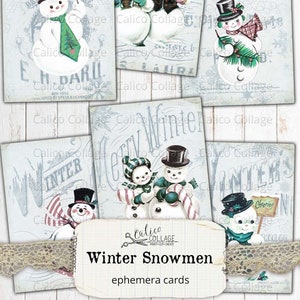 Cartões imprimíveis de coisas efêmeras de bonecos de neve de inverno, pacote de coisas efêmeras de diário, papel digital para scrapbooking, suprimentos de diário, coisas efêmeras de inverno