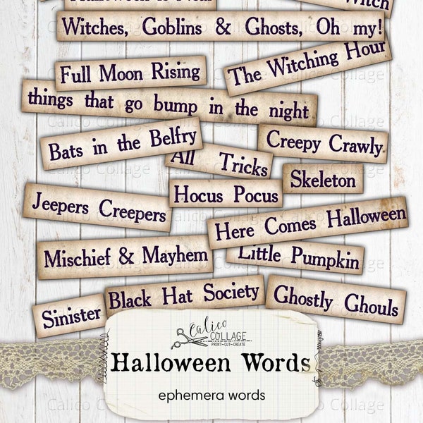 Printable Halloween Sayings, Mixed Media Words, Halloween Words Digital Collage Sheet, Junk Journal Printable Words, Scrapbooking