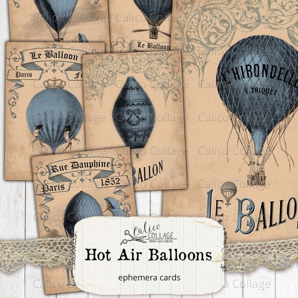 Vintage Hot Air Balloons, Steampunk Ephemera, Junk Journal, Journal Supplies, Ephemera Cards, Vintage Steampunk, Victorian, Scrapbook