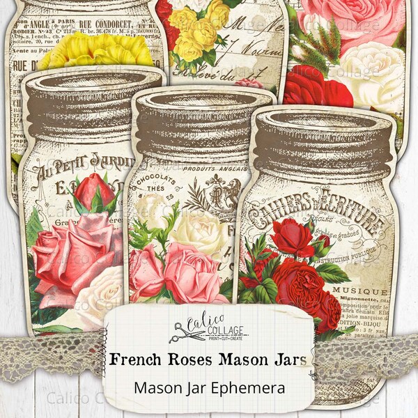 Mason Jar Printable Junk Journal Ephemera, Journal Supplies, Junk Journal Tags, Vintage Rose, Flower Ephemera, French, CalicoCollage, 55