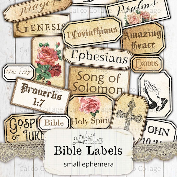 Faith Junk Journal Bible Labels, Vintage Ephemera Journaling Supplies, Scrapbooking Digital Religious, Bible Book Labels, Calico Collage