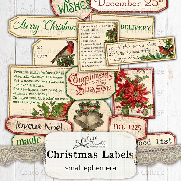 Fussy Cut Christmas Ephemera Labels, Printable Vintage Ephemera, Junk Journal Supplies, Scrapbooking, Digital Holiday Journal Ephemera