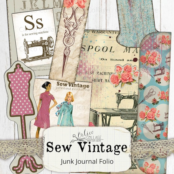 Sew Vintage Junk Journal Folio, Junk Journal Kit, Sewing Ephemera, Shabby, Grunge, Vintage Printable