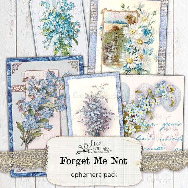 Forget Me Not Ephemera Pack, French Blue Stationery Bullet Journal Supplies, Scrapbook Junk Journal, Collage Sheet Digital Download