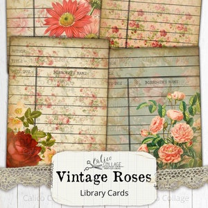 Cartões de biblioteca de coisas efêmeras do Junk Journal, rosa vintage, suprimentos para diário, papelaria para diário com marcadores, papéis digitais imprimíveis, rosa gasto