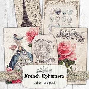 French Ephemera Pack, Vintage French Junk Journal Kit, French Blue Stationery Bullet Journal Supplies, Scrapbook Digital Collage Sheet