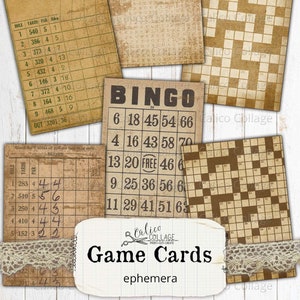Tarjetas de juego Junk Journal Ephemera Journal Supplies, Game Ephemera, Bingo Card, Score Card, Imprimible, Descarga digital, Vintage, Scrapbook