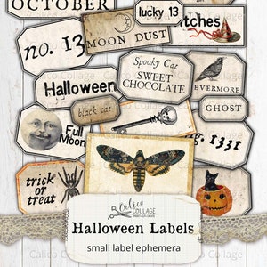Small Digital Halloween Labels, Printable Journal Supplies, Junk Journal Ephemera, Scrapbooking, Halloween Ephemera