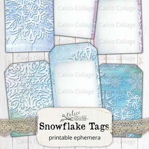 Pastel Snowflake Tags, Printable Junk Journal Ephemera Gift Tags, Journal Supplies, Digital Papers, Journal Supplies, Vintage Journal Paper