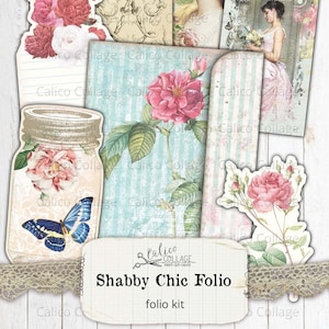 Shabby Chic Junk Journal Folio Kit, Printable Junk Journal Kit, Victorian Rose, Ephemera Holder, Fussy Cut Ephemera Pack, Bullet Journal Kit