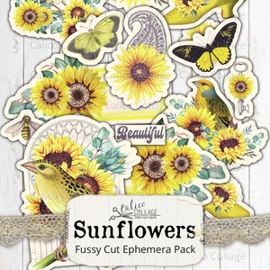 Printable Sunflower Ephemera Pack, Vintage Botanical Junk Journal Supplies, Bullet Journal, Digital Paper Prints, Scrapbook Paper