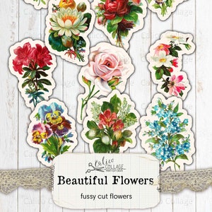 May include: A set of ten printable fussy cut flower images. The flowers are in various colours and styles, including pink, red, white, blue, and yellow. The images are perfect for scrapbooking, card making, and other craft projects.