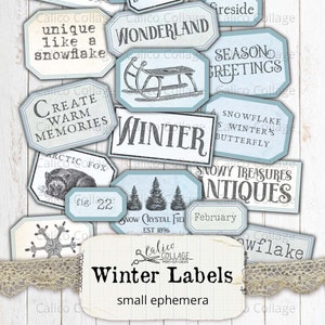 Small Winter Ephemera Labels, Printable Vintage Tags, Junk Journal Supplies, Scrapbooking, Digital Holiday Journal Papers, CalicoCollage