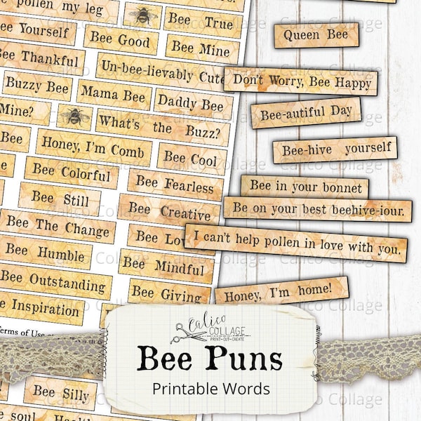 Bee Puns Printable Words, Junk Journal Bee Ephemera, Collage Sheet, Journal Supplies, Mixed Media, Bee Junk Journal, Funny Words