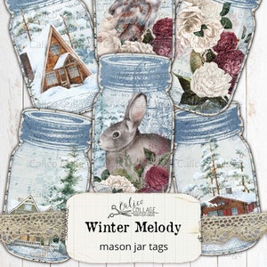 Winter Mason Jar Tags, Junk Journal Ephemera Pack, Printable Bullet Journal Supplies, Vintage Winter Ephemera, Winter Melody, Christmas