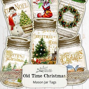 Kerst Mason Jar tags, Junk Journal Ephemera Pack, Afdrukbare Journal Supplies, Vintage Holiday Ephemera, Digital Paper, Old Time Christmas