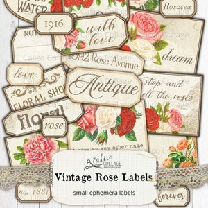 Printable Rose Labels, Junk Journal Supplies Vintage, Shabby Chic Rose Label, Digital Ephemera Pack, CalicoCollage, Antique Paper, Scrapbook