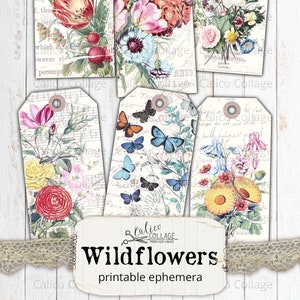 Wildblumen Junk Journal Tags, druckbare digitale Papiere, Vintage Blumen Ephemera, Shabby Chic Viktorianische Tags, Antikes Papier