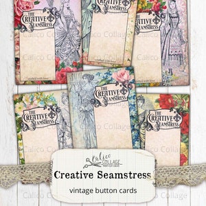 Floral Vintage Button Cards, Shabby Chic Junk Journal Ephemera Pack, Sewing Ephemera, Scrapbook Stationery, Digital Download, Printable