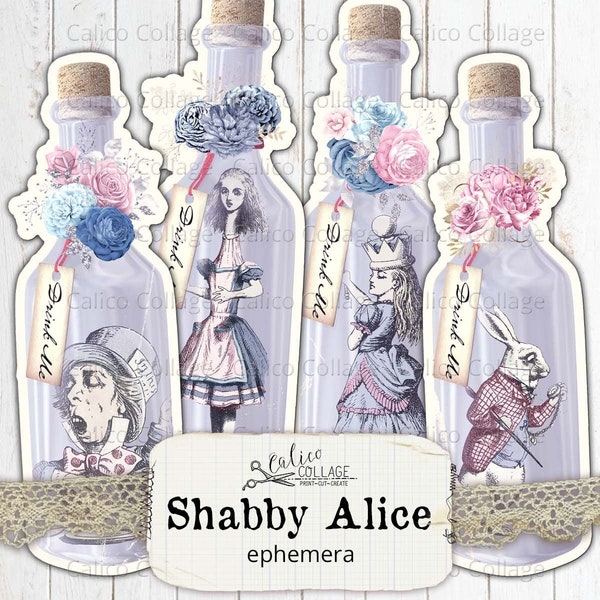 Alice in Wonderland Printable Drink Me Bottles, Fussy Cut Junk Journal Ephemera Tags, Digital Shabby Chic Bullet Journal, Vintage Rose