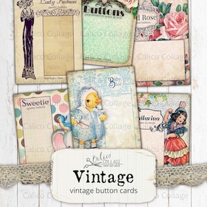 Vintage Button Cards, Printable Sewing Ephemera, Junk Journal Ephemera Pack, Ephemera Pack, Scrapbook, Stationery, Card Making,