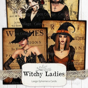 Witchy Ladies Printable Junk Journal Ephemera Cards, Journal Supplies, Digital Ephemera Pack, Halloween Witch Ephemera, CalicoCollage