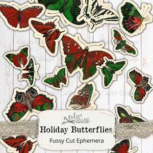 Printable Holiday Butterflies Fussy Cut Ephemera Pack, Junk Journal Supplies, Christmas Ephemera, Vintage Christmas Butterfly Ephemera